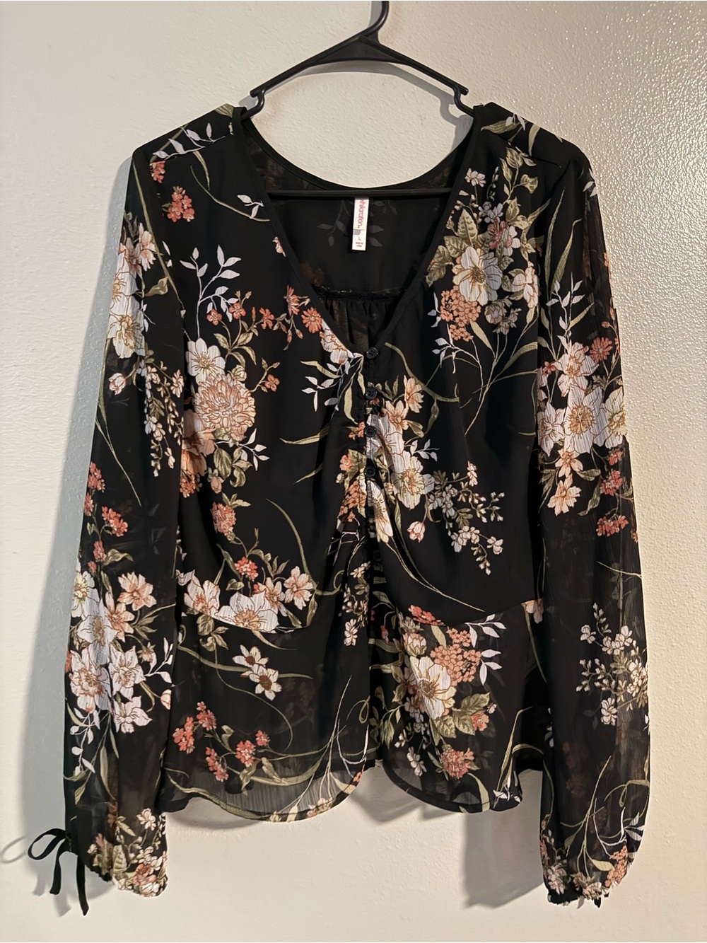 Xhilaration Black Floral Tie-Front Blouse